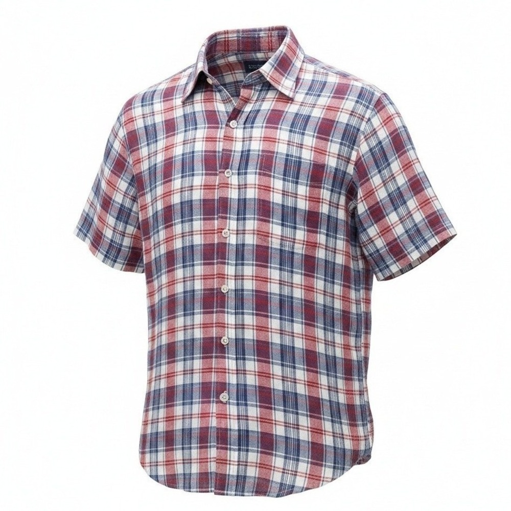 Brooks Brothers Linen XXL Regent Fit Shirt Red White Blue Plaid Short Sleeve